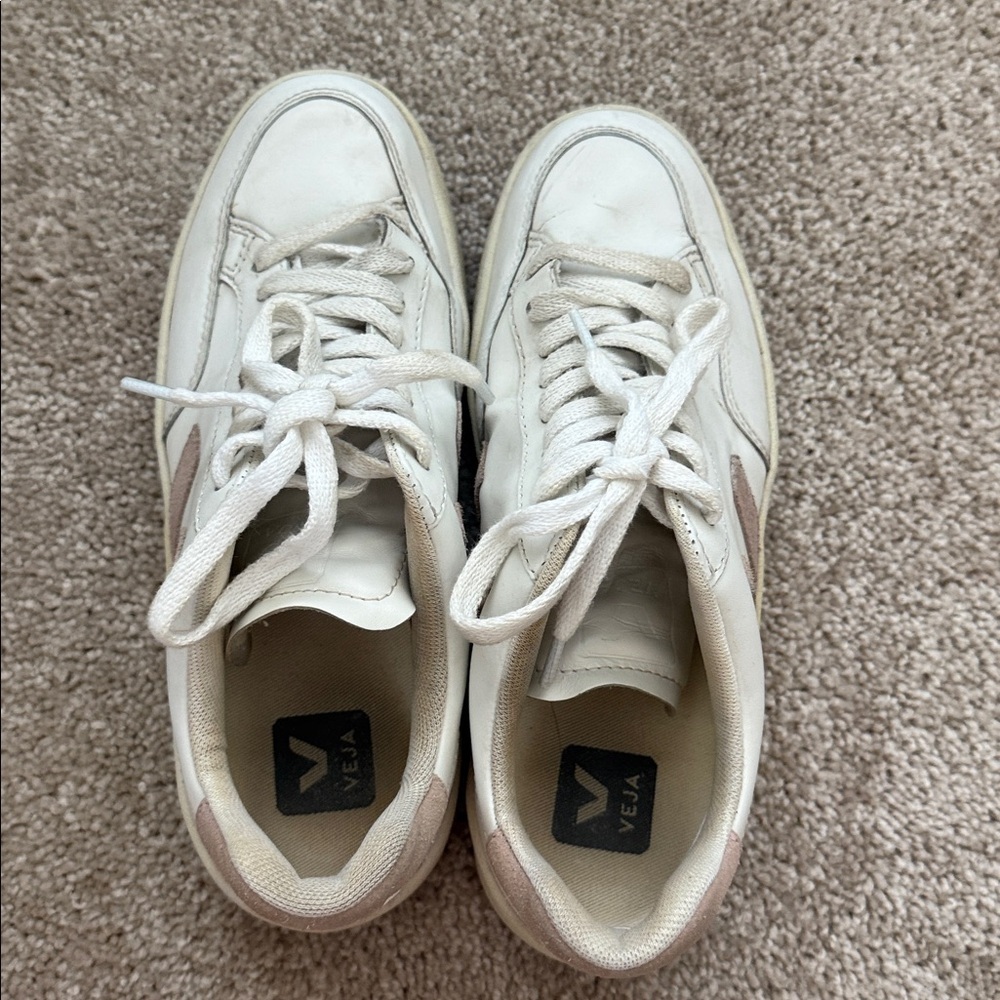 Veja V-12 Leather Suede White Sneakers in Babe Pink - Picture 7 of 10